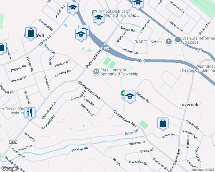 map of restaurants, bars, coffee shops, grocery stores, and more near 8804 Hawthorne Lane in Wyndmoor