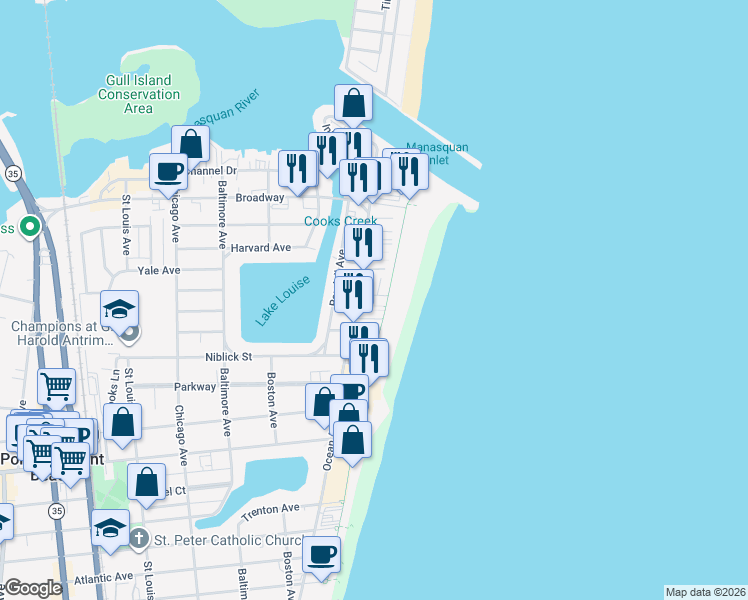 map of restaurants, bars, coffee shops, grocery stores, and more near 16 Danby Place in Point Pleasant Beach