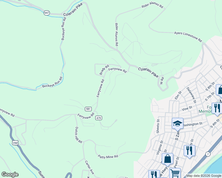 map of restaurants, bars, coffee shops, grocery stores, and more near 69798 Ohio Street in Martins Ferry