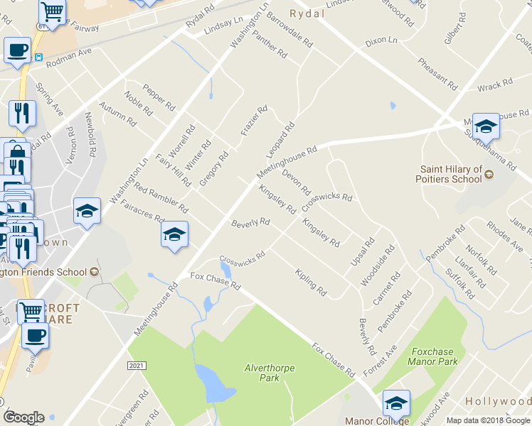 map of restaurants, bars, coffee shops, grocery stores, and more near 1129 Beverly Road in Rydal