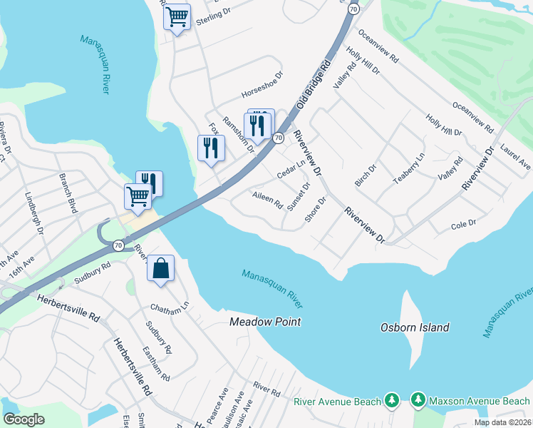 map of restaurants, bars, coffee shops, grocery stores, and more near 1107 Aileen Road in Brielle