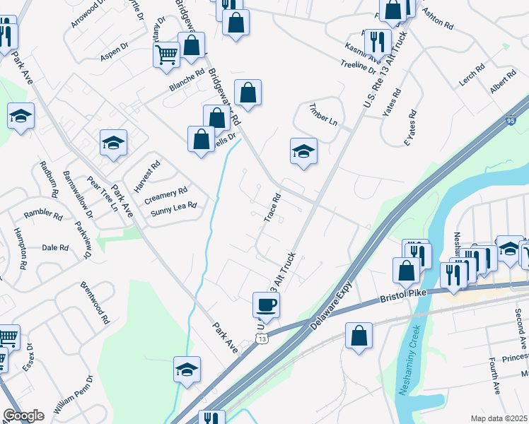 map of restaurants, bars, coffee shops, grocery stores, and more near 1045 Bolton Court in Bucks County