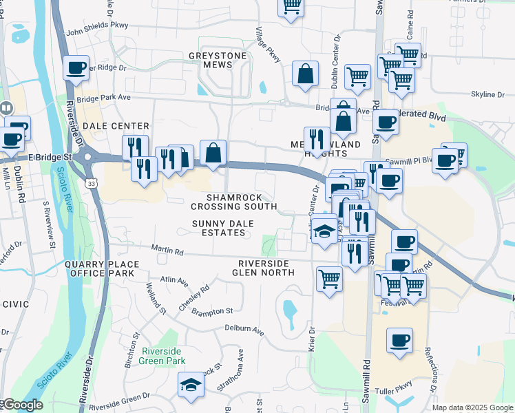 map of restaurants, bars, coffee shops, grocery stores, and more near 4105 Stoneridge Lane in Dublin