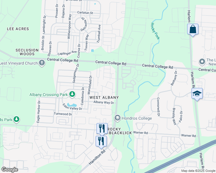 map of restaurants, bars, coffee shops, grocery stores, and more near 6266 Albany Brooke Drive in Westerville