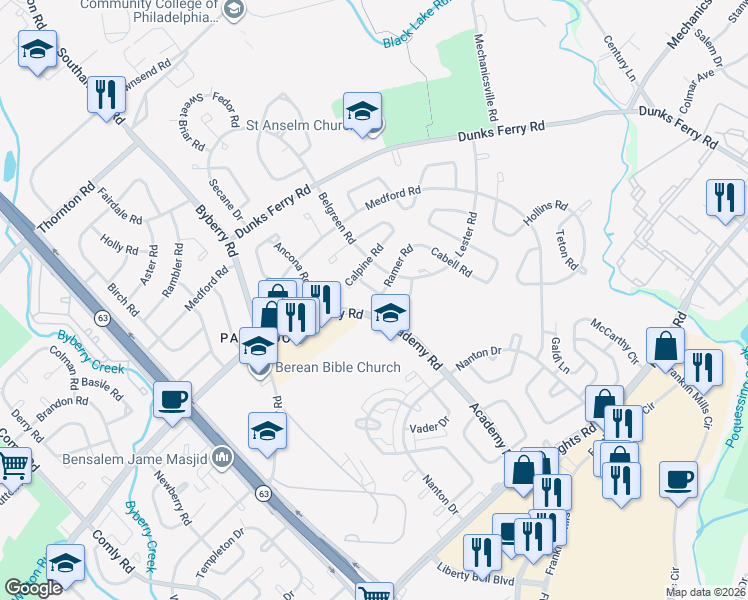 map of restaurants, bars, coffee shops, grocery stores, and more near 3320 Belgreen Road in Philadelphia