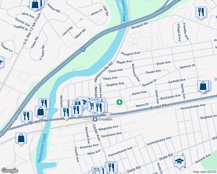 map of restaurants, bars, coffee shops, grocery stores, and more near 906 Stephen Avenue in Croydon