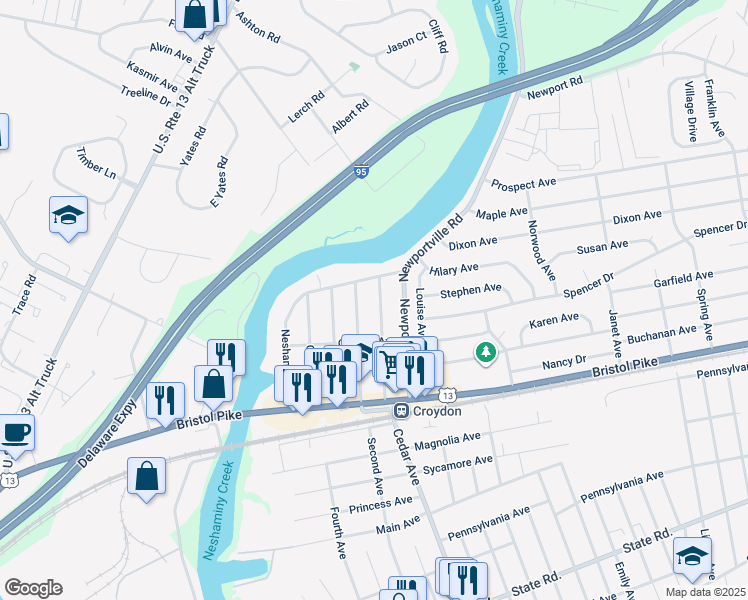 map of restaurants, bars, coffee shops, grocery stores, and more near 235 Belmont Avenue in Croydon