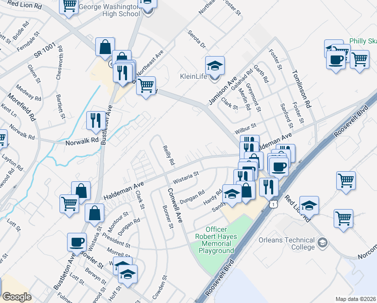 map of restaurants, bars, coffee shops, grocery stores, and more near 9964 Haldeman Avenue in Philadelphia