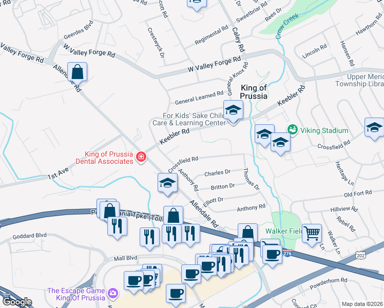 map of restaurants, bars, coffee shops, grocery stores, and more near 470 Langdale Court in King of Prussia