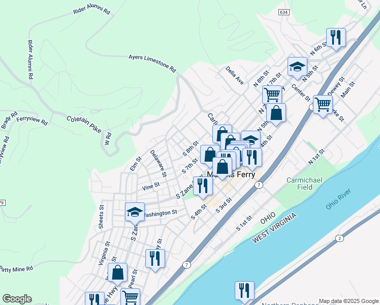 map of restaurants, bars, coffee shops, grocery stores, and more near 815 Walnut Street in Martins Ferry