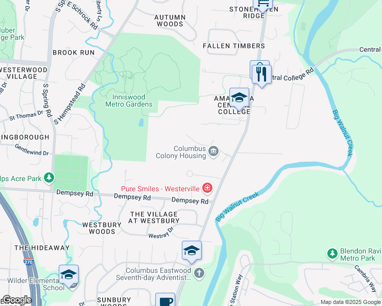 map of restaurants, bars, coffee shops, grocery stores, and more near 1165 Colony Drive in Westerville