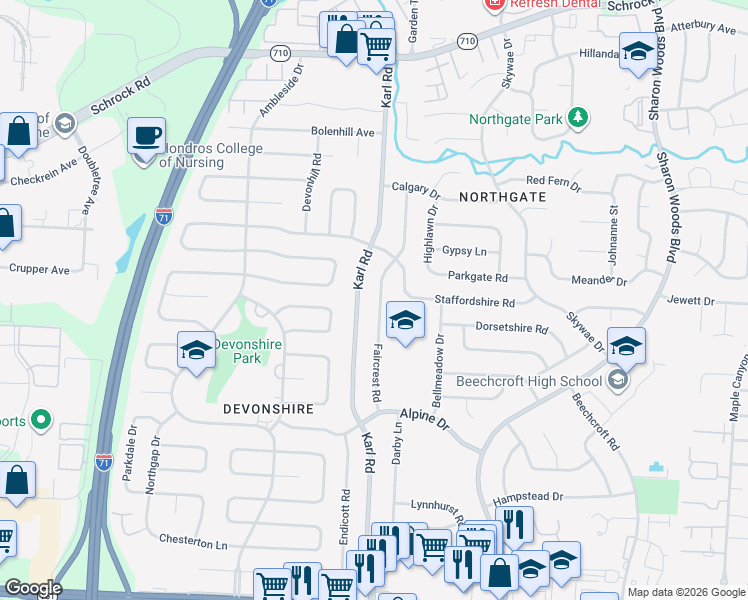 map of restaurants, bars, coffee shops, grocery stores, and more near 6400 Karl Road in Columbus