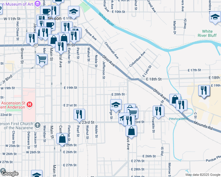 map of restaurants, bars, coffee shops, grocery stores, and more near 800 East 19th Street in Anderson