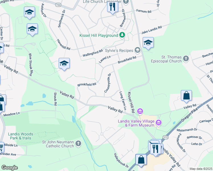 map of restaurants, bars, coffee shops, grocery stores, and more near 2820 Countryside Drive in Lancaster