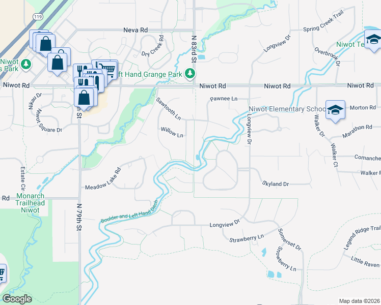 map of restaurants, bars, coffee shops, grocery stores, and more near 6833 Cheney Court in Niwot