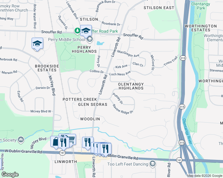 map of restaurants, bars, coffee shops, grocery stores, and more near 1123 Firth Avenue in Worthington