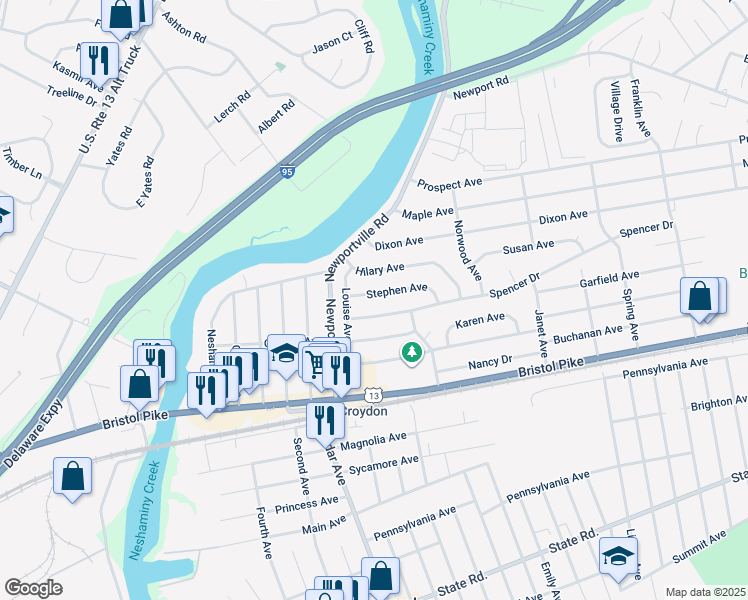 map of restaurants, bars, coffee shops, grocery stores, and more near 906 Stephen Avenue in Croydon