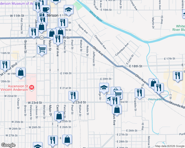 map of restaurants, bars, coffee shops, grocery stores, and more near 1903 Jefferson Street in Anderson