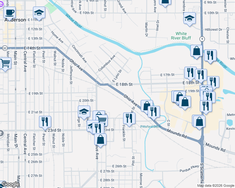map of restaurants, bars, coffee shops, grocery stores, and more near 1203 East 18th Street in Anderson