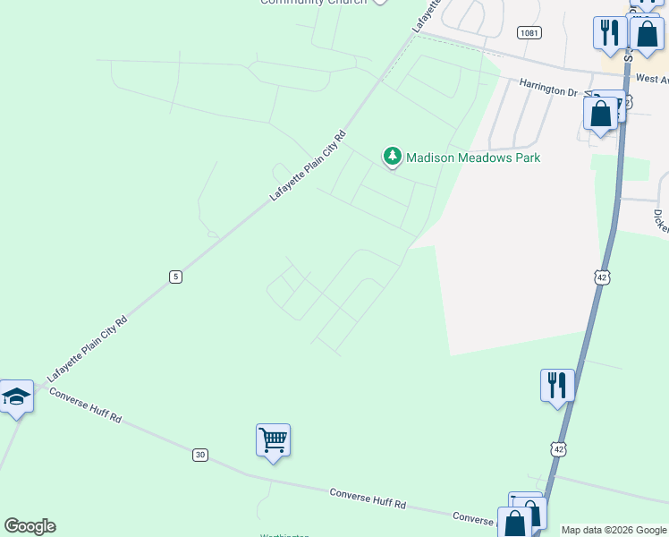 map of restaurants, bars, coffee shops, grocery stores, and more near 10894 County Highway 5 in Plain City