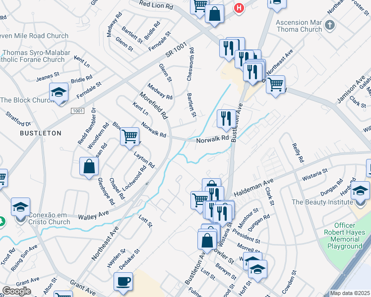 map of restaurants, bars, coffee shops, grocery stores, and more near 1220 Norwalk Road in Philadelphia