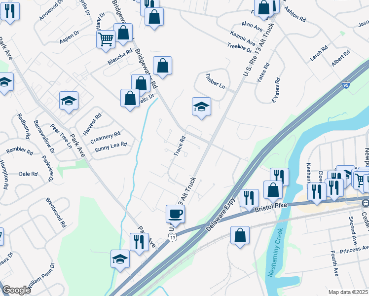 map of restaurants, bars, coffee shops, grocery stores, and more near 1021 Burnley Court in Bensalem