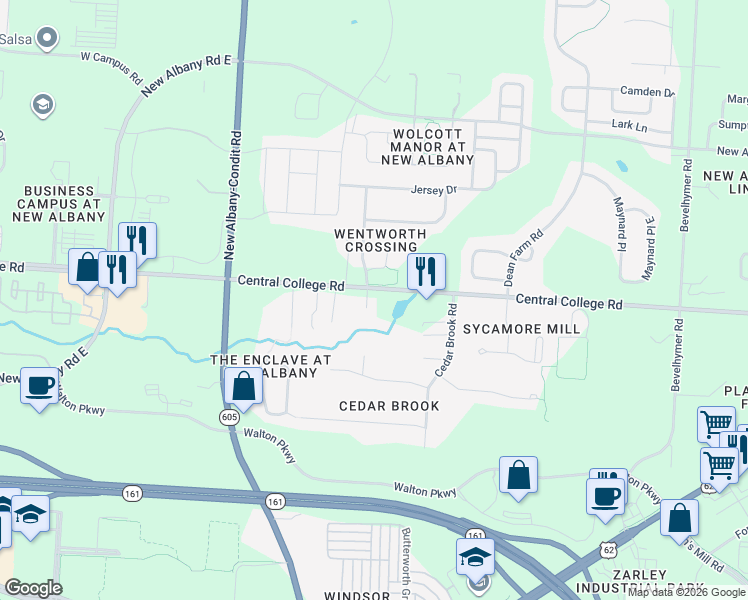 map of restaurants, bars, coffee shops, grocery stores, and more near 6860 Wentworth Drive in New Albany