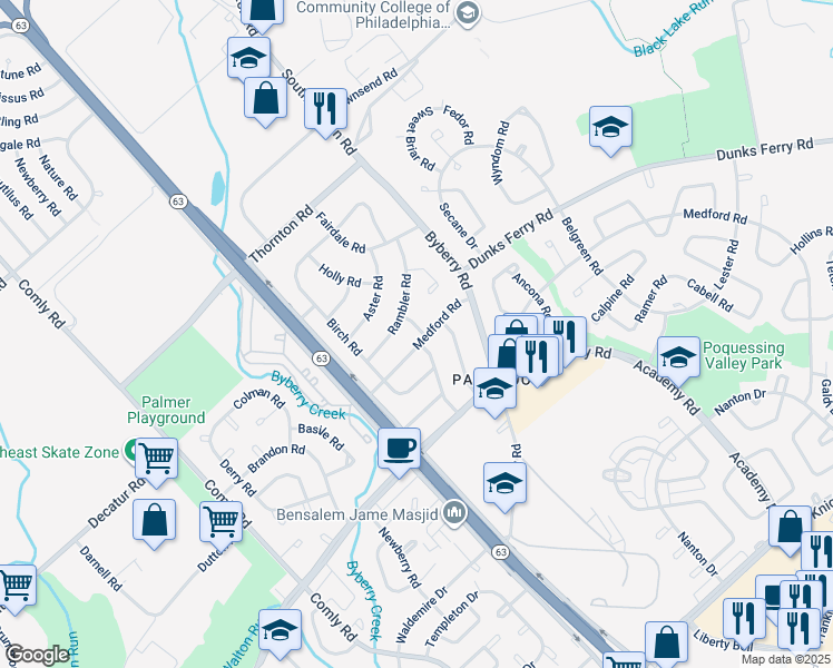map of restaurants, bars, coffee shops, grocery stores, and more near 12148 Medford Road in Philadelphia