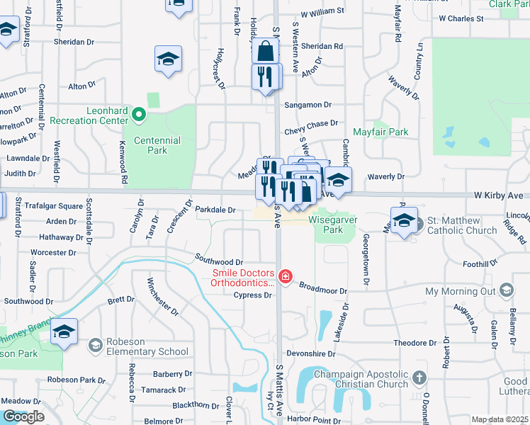 map of restaurants, bars, coffee shops, grocery stores, and more near 1817 West Kirby Avenue in Champaign
