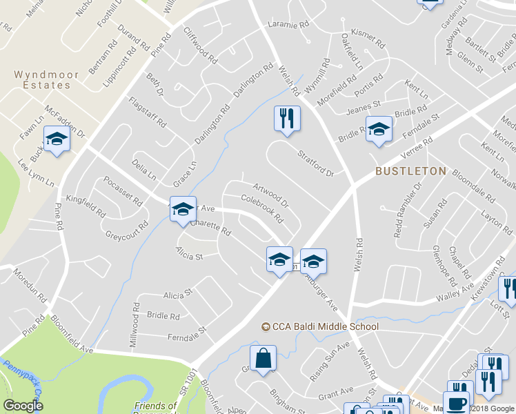 map of restaurants, bars, coffee shops, grocery stores, and more near 630 Colebrook Road in Philadelphia