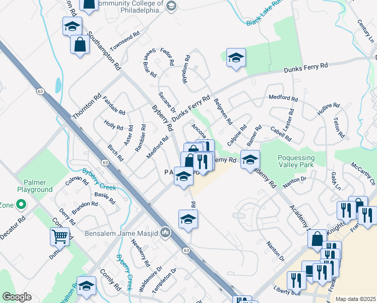 map of restaurants, bars, coffee shops, grocery stores, and more near 12328 Medford Road in Philadelphia