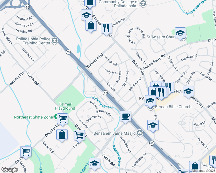 map of restaurants, bars, coffee shops, grocery stores, and more near 3159 Birch Road in Philadelphia