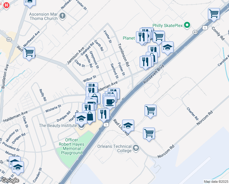 map of restaurants, bars, coffee shops, grocery stores, and more near 2015 Greymont Street in Philadelphia