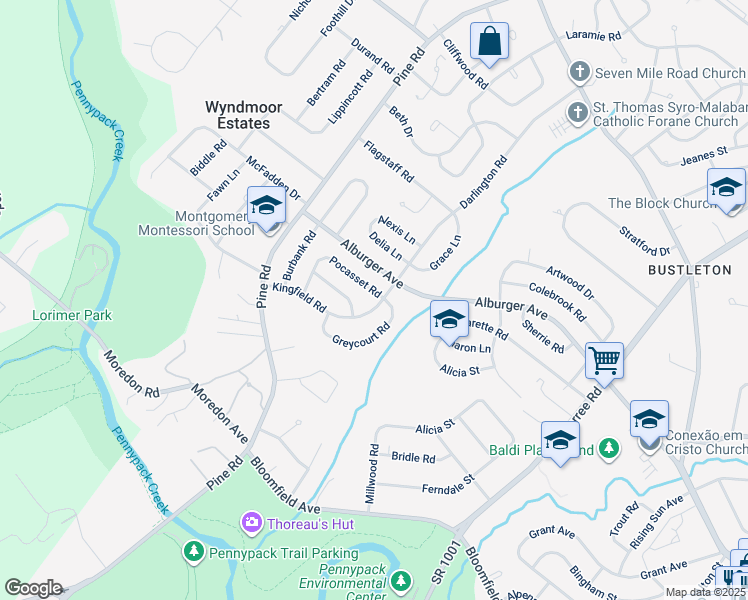 map of restaurants, bars, coffee shops, grocery stores, and more near 127 Kingfield Road in Philadelphia