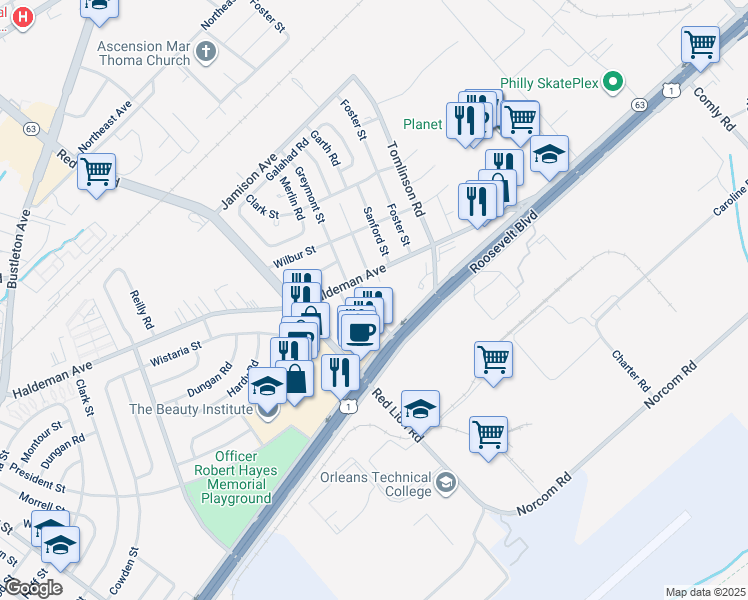 map of restaurants, bars, coffee shops, grocery stores, and more near 2015 Greymont Street in Philadelphia