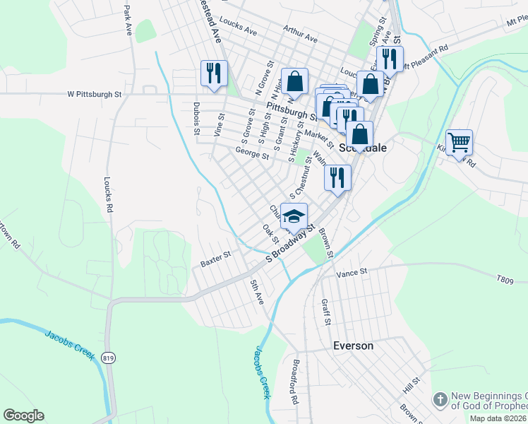map of restaurants, bars, coffee shops, grocery stores, and more near 501 South Hickory Street in Scottdale