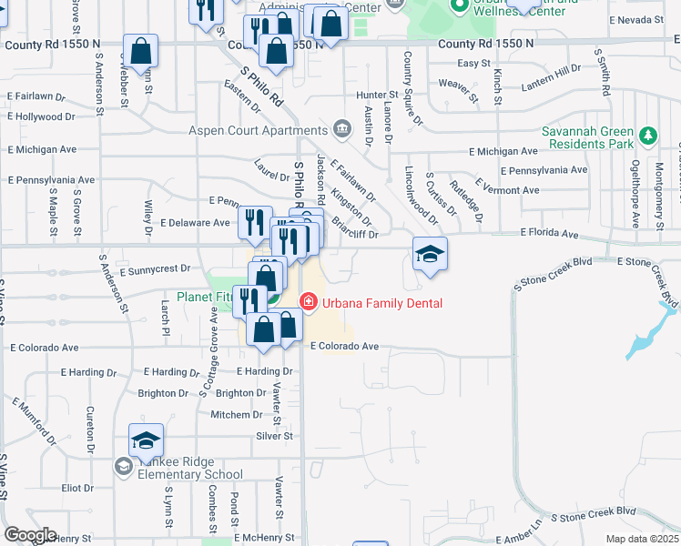 map of restaurants, bars, coffee shops, grocery stores, and more near 1505 East Florida Avenue in Urbana