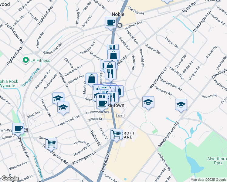 map of restaurants, bars, coffee shops, grocery stores, and more near 471 Old York Road in Jenkintown