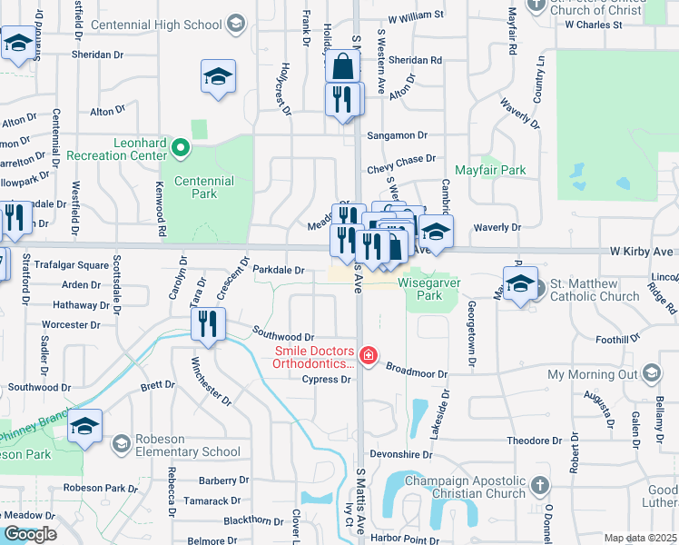 map of restaurants, bars, coffee shops, grocery stores, and more near 1817 West Kirby Avenue in Champaign