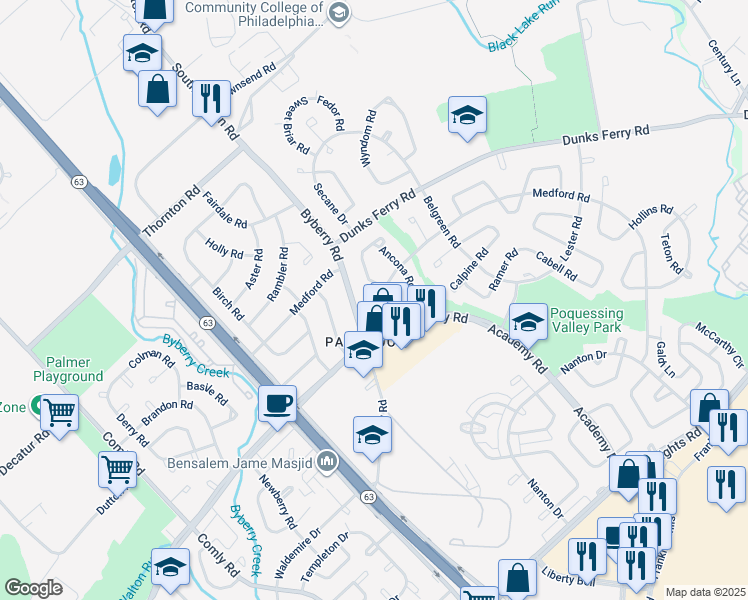 map of restaurants, bars, coffee shops, grocery stores, and more near 12328 Medford Road in Philadelphia
