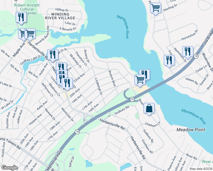 map of restaurants, bars, coffee shops, grocery stores, and more near 186 19th Avenue in Brick Township