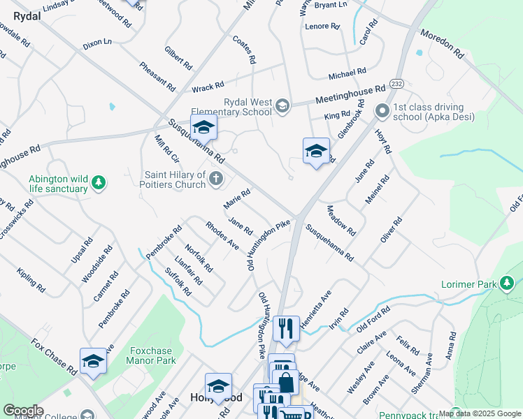 map of restaurants, bars, coffee shops, grocery stores, and more near 727 Elizabeth Road in Jenkintown
