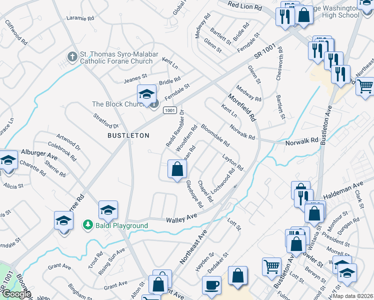 map of restaurants, bars, coffee shops, grocery stores, and more near 9813 Woodfern Road in Philadelphia