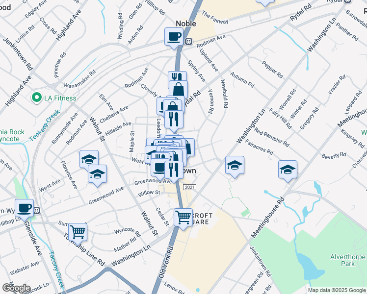 map of restaurants, bars, coffee shops, grocery stores, and more near 413 Vernon Road in Jenkintown