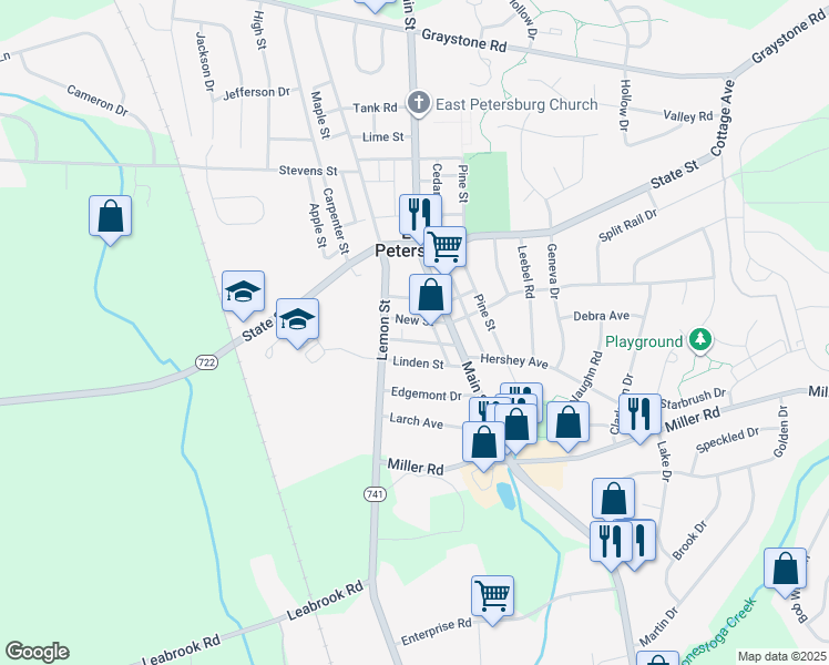 map of restaurants, bars, coffee shops, grocery stores, and more near 1941 New Street in East Petersburg