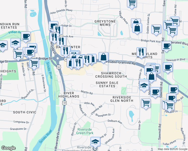 map of restaurants, bars, coffee shops, grocery stores, and more near 146 Blakeford Drive in Dublin