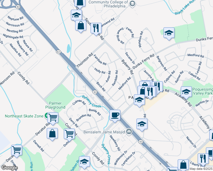 map of restaurants, bars, coffee shops, grocery stores, and more near 12125 Aster Road in Philadelphia