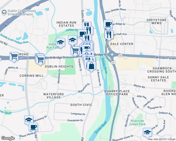 map of restaurants, bars, coffee shops, grocery stores, and more near 76 Dublin Road in Dublin