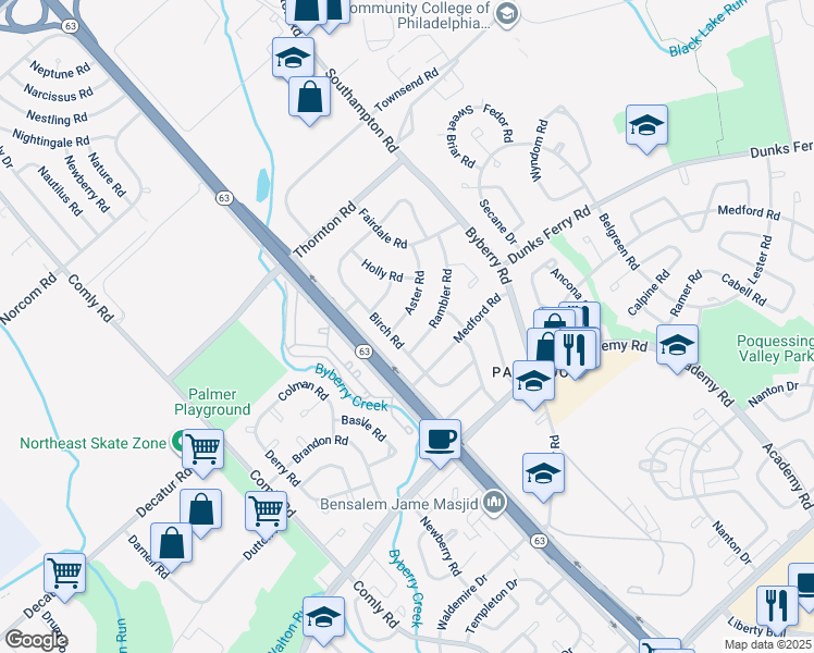 map of restaurants, bars, coffee shops, grocery stores, and more near 12125 Aster Road in Philadelphia