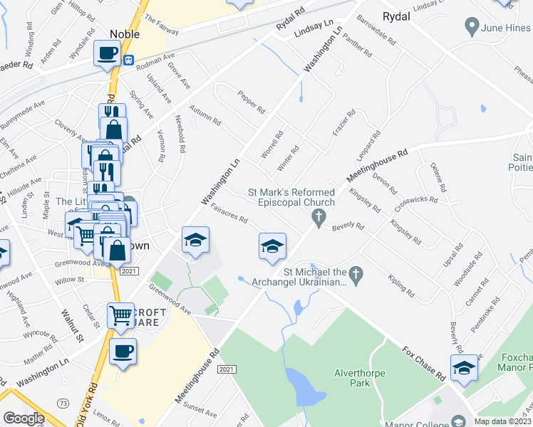 map of restaurants, bars, coffee shops, grocery stores, and more near 1256 Red Rambler Road in Jenkintown